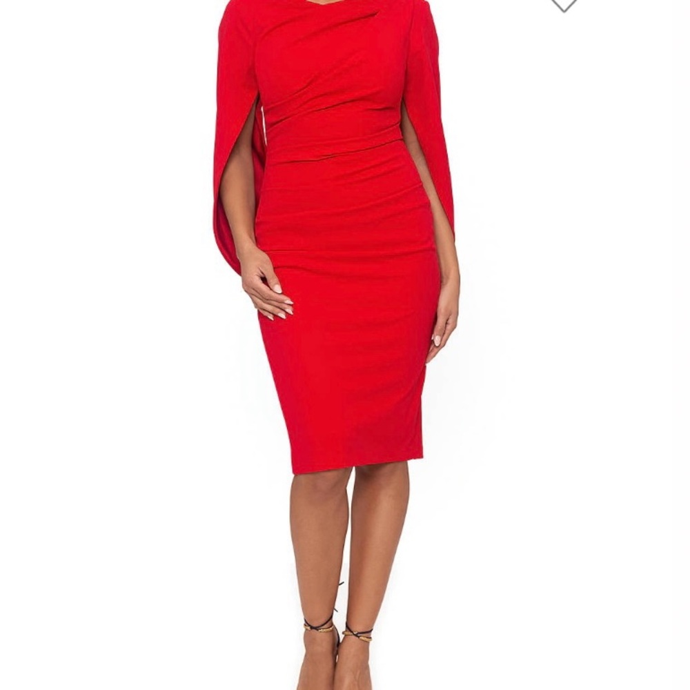 BETSY & ADAM BACK DRAPE Elegant Red Cape Sleeve Dress